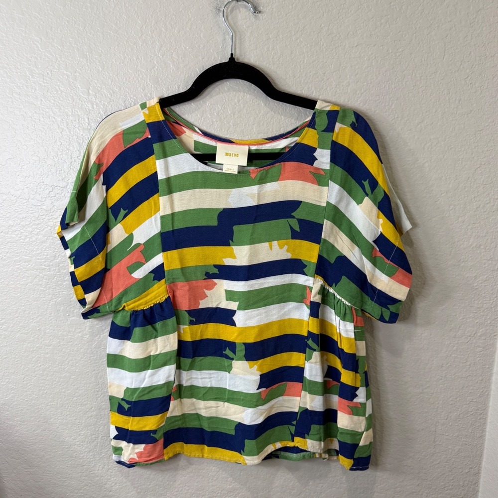 Maeve Anthropologie Striped Abstract Floral Blouse Small Multicolor Boho Coastal